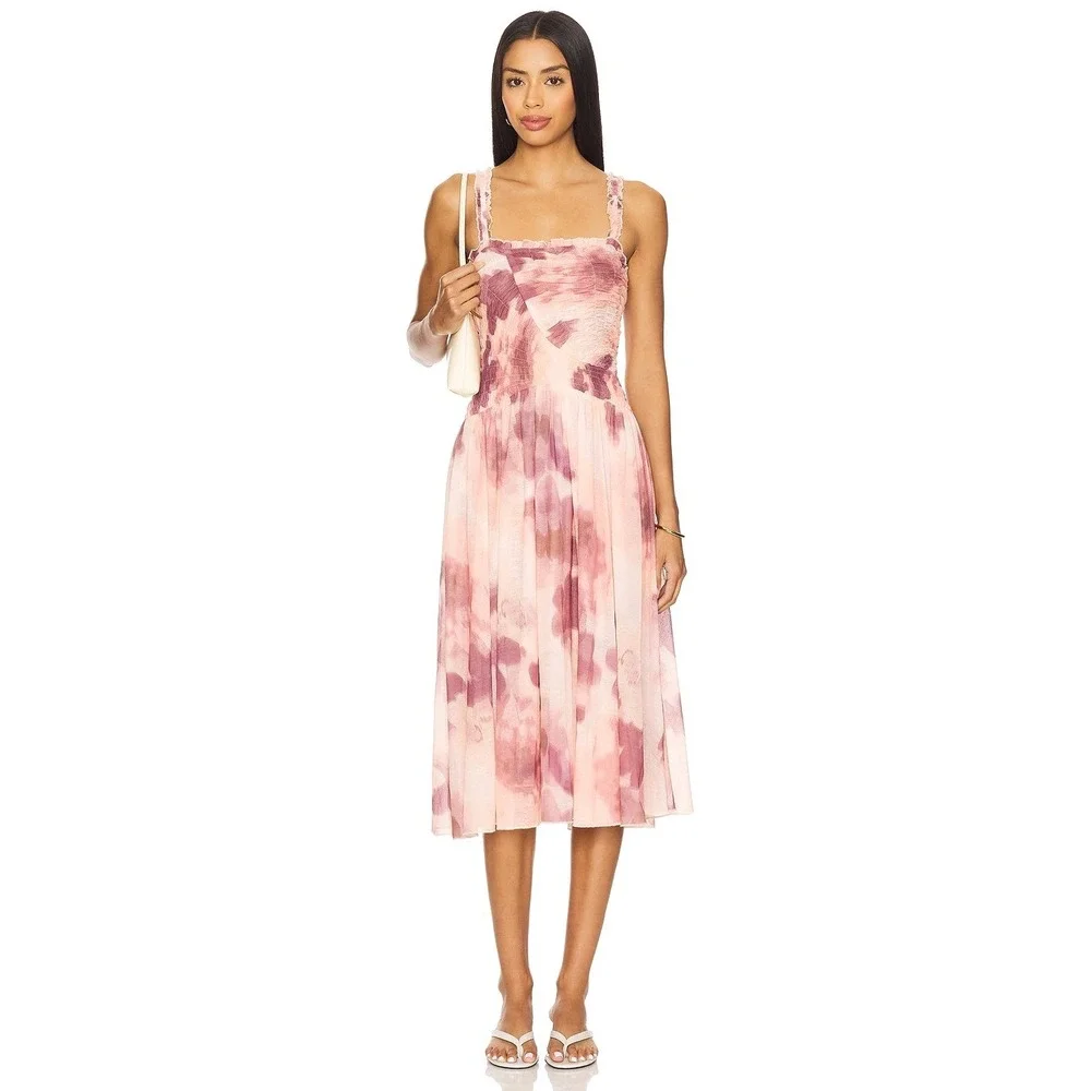 Free People‎ Tessa Smocked Midi Dress Soft Combo Floral Print Ruffle NWOT M